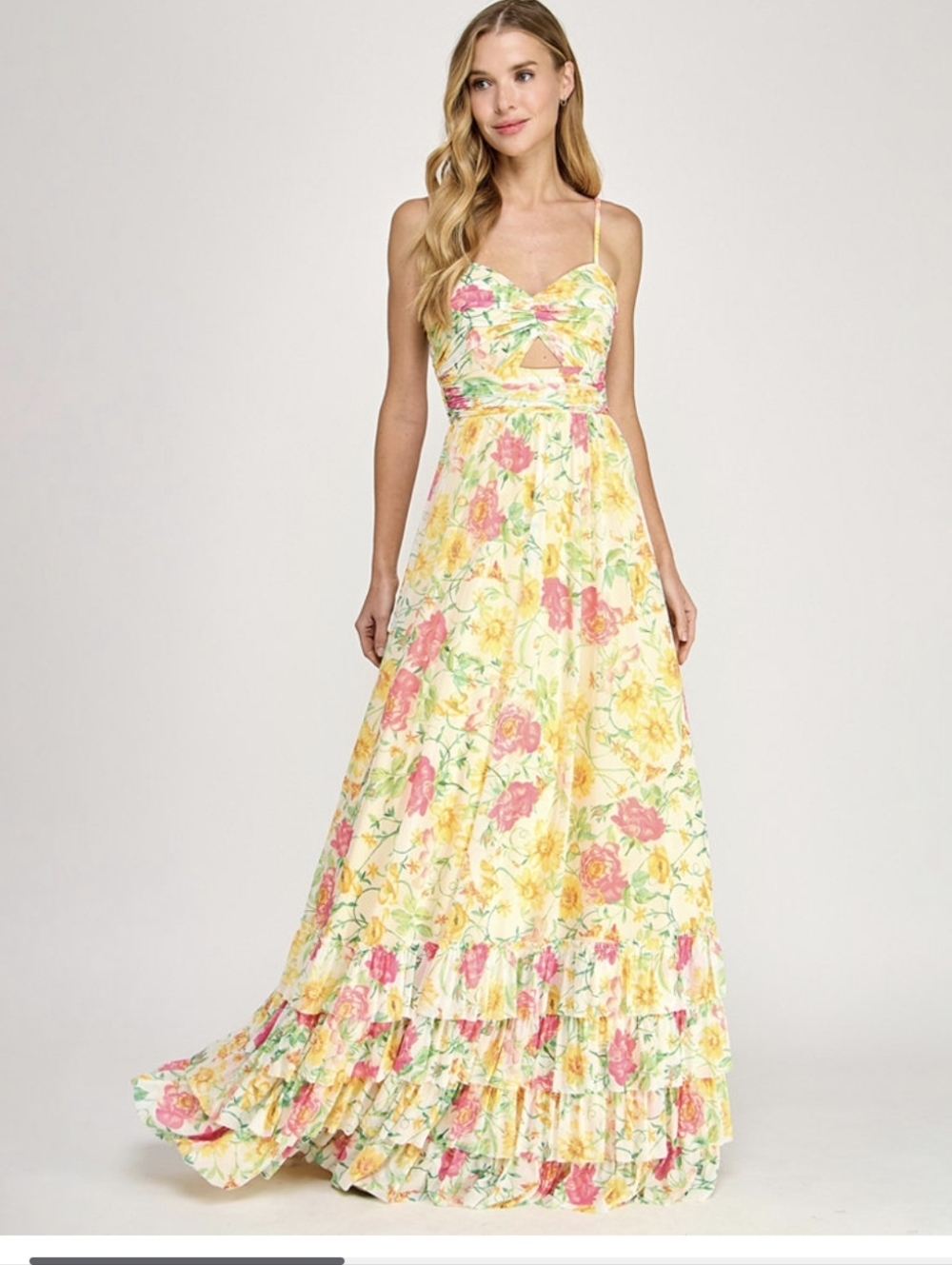 Dear MoonJuniors' Floral Ruched Cutout Gown - Picture 3 of 10